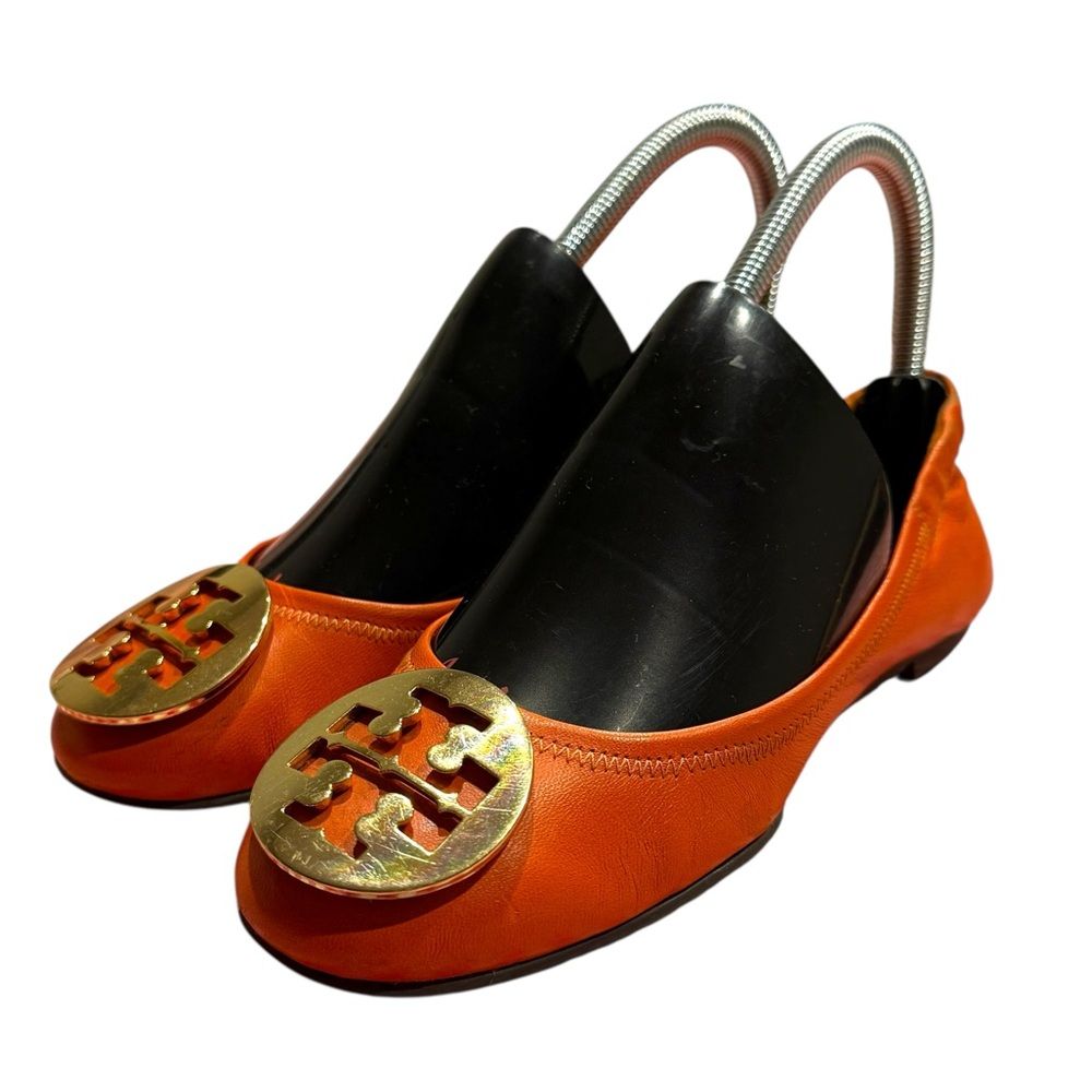 Tory Burch Reva Flats Orange Leather Gold Metal Logo Ballet Shoe Women’s Sz 5m